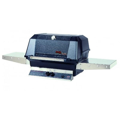 MHP WNK4 Gas Grill with Stainless Side Shelves on In-Ground Post